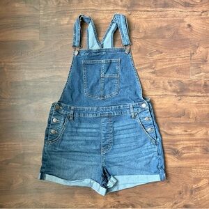 No Boundaries Medium Wash Cuffed Denim Short Overalls Juniors Size L (11-13)